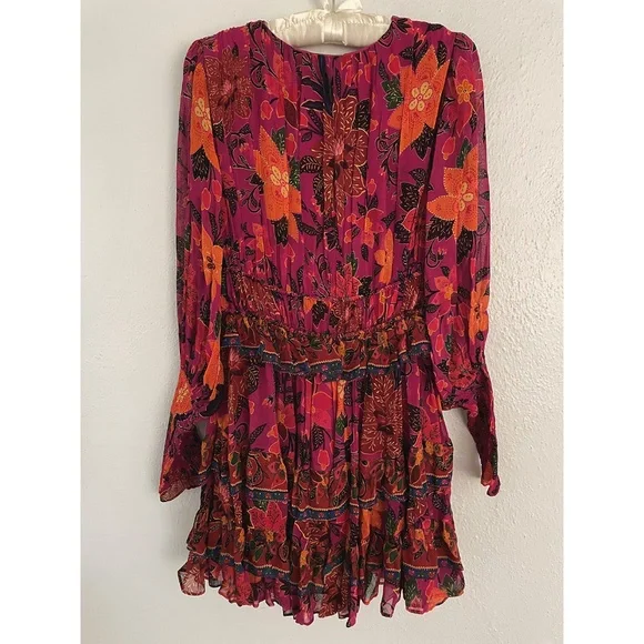 Farm Rio Tropical Tapestry Long-Sleeve Tiered Mini Dress Boho Small - Picture 3 of 13